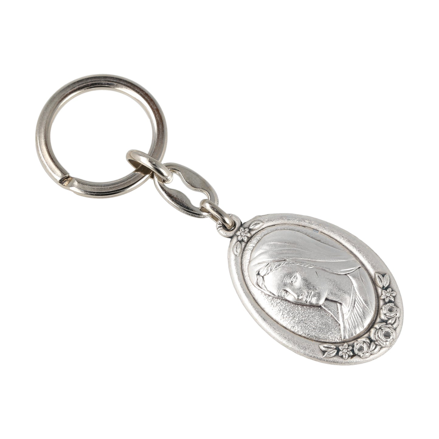 Keychain Queen of Peace Oval Silver With Flowers. Souvenirs from Italy