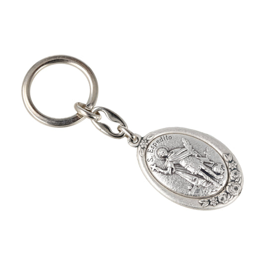 Keychain San Expedito Oval Silver With Flowers. Souvenirs from Italy